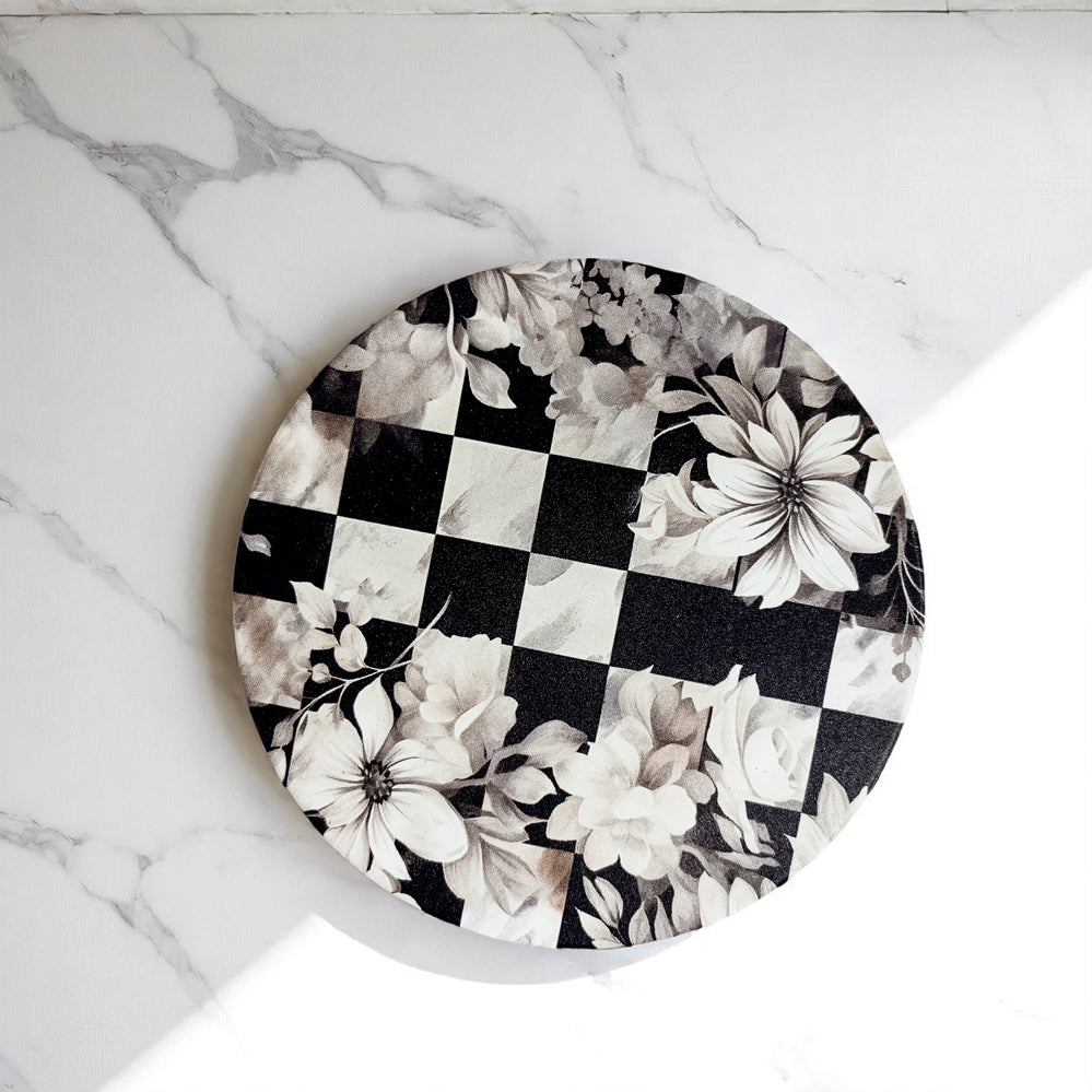 grandmillennial style ceramic coasters courtly check black white checkered gingham floral pattern cork backing
